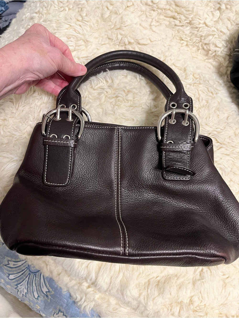 Tignanello Dark Brown Leather Satchel with Silver Buckle Accents